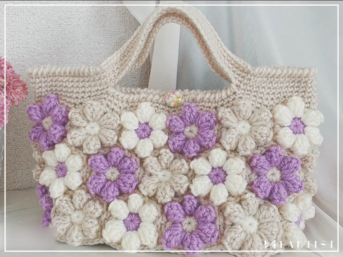 お花のモチーフバッグ ☆お花のモチーフバッグ（ミルクホワイト）☆手編み 編み物