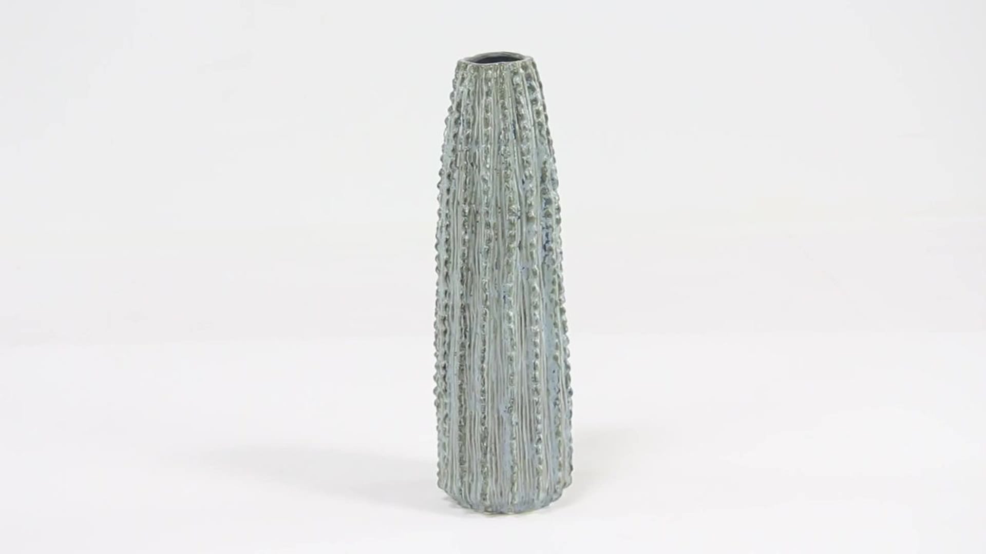 Eclectic Textured Ceramic Ribbed Cactus Vase, Gray, 20"