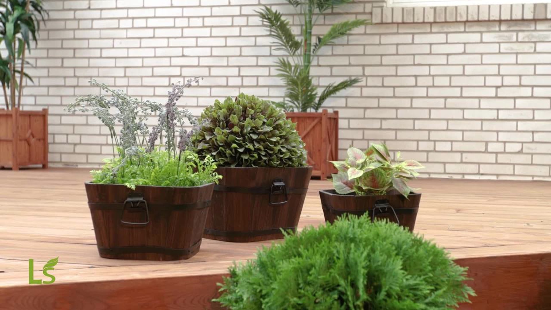 Set of 3 Barrel Style Square Wooden Planters - Rustic - Outdoor Pots ...