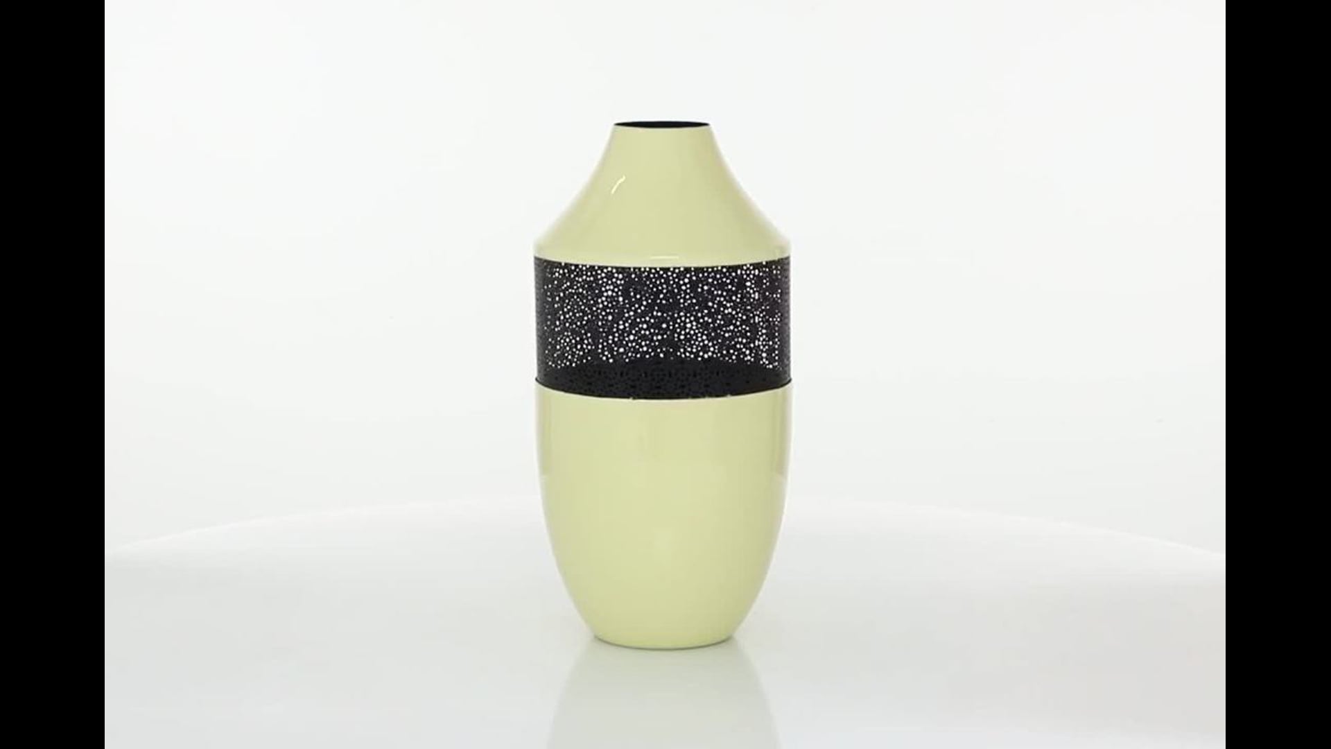Round White Enamel Vase With Black Metal Textured Patterned Detail, 8"x16.25"