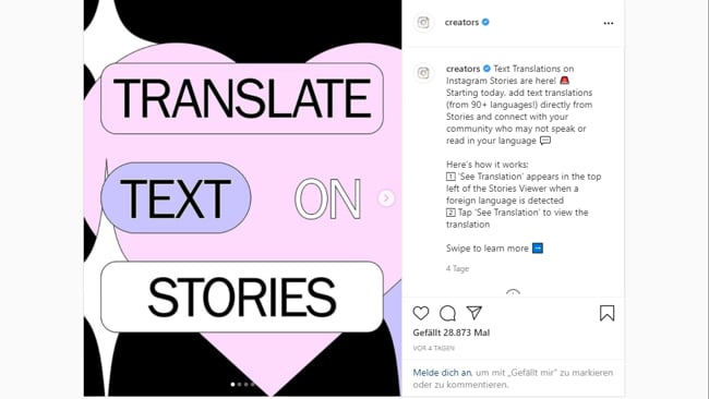 Neues Story Übersetzungs-Tool für Instagram (& FB)
