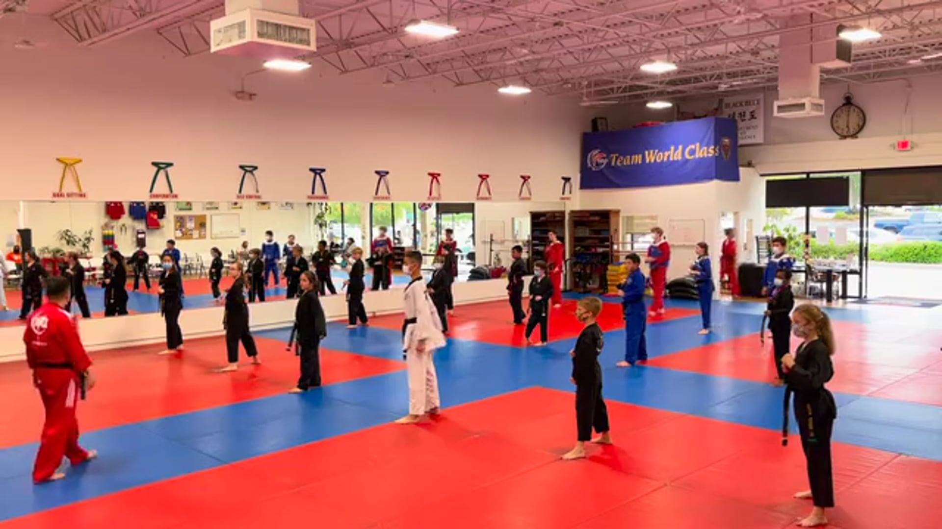 Sparring Class_Sparring Drill_Black Belt_Blocking with Noodles_Block + Punch with Noodles_Blocking Combination 1-10 with Noodles_Hogu Sparring w/ Instructors_Palm Block + Punch w/ Instructors_Down Block + Punch w/ Instructors_Punch