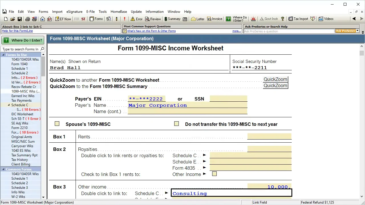 Intuit - ProSeries Tax Software - Entering 1099-MISC and Schedule C