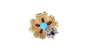 Turquoise and .60 ct. t.w. Multi-Gemstone Flower and Butterfly Ring in Two-Tone Sterling Silver