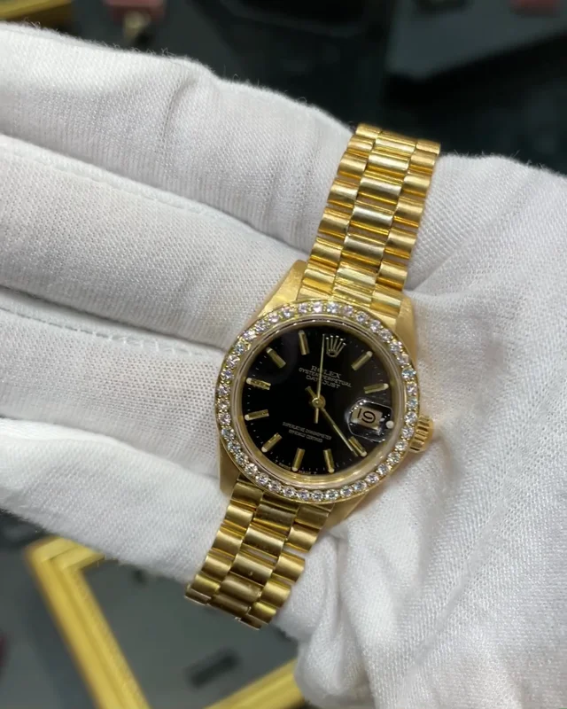 Ladies 18K Gold and Diamond Rolex President, Original Box and Tags