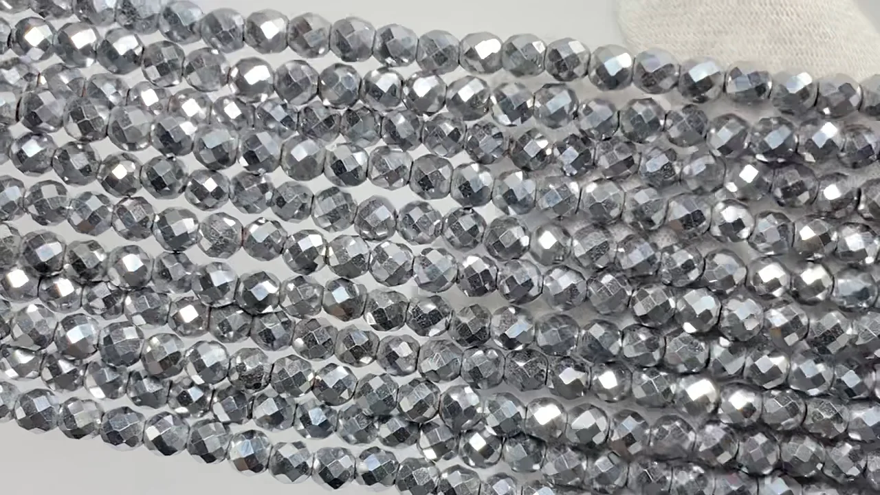 ヘマタイト 32面ラウンドカット4mm シルバーコーティング 1連｜天然石