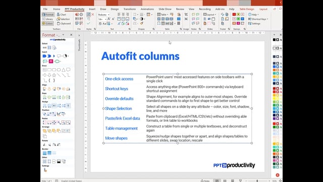 PowerPoint Tables autofit columns optimize table width