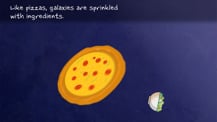 Against a blue background are artist’s concepts of a large pizza toward the center left and a small salad toward the bottom right. Text appears at top.