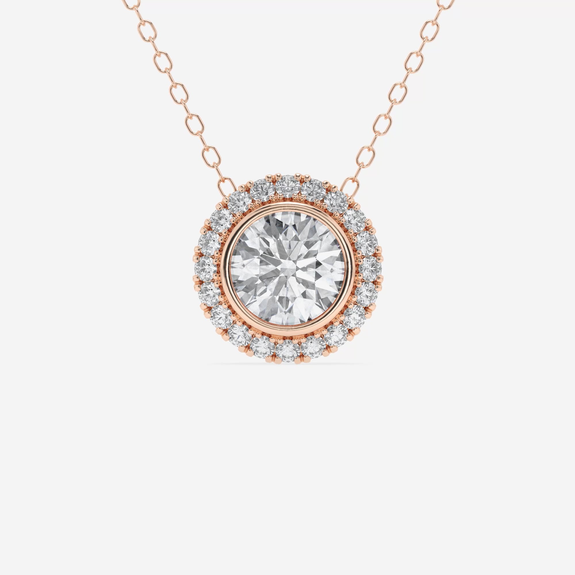 product video for 1 1/5 ctw Round Lab Grown Diamond Bezel Set Halo Pendant with Adjustable Chain