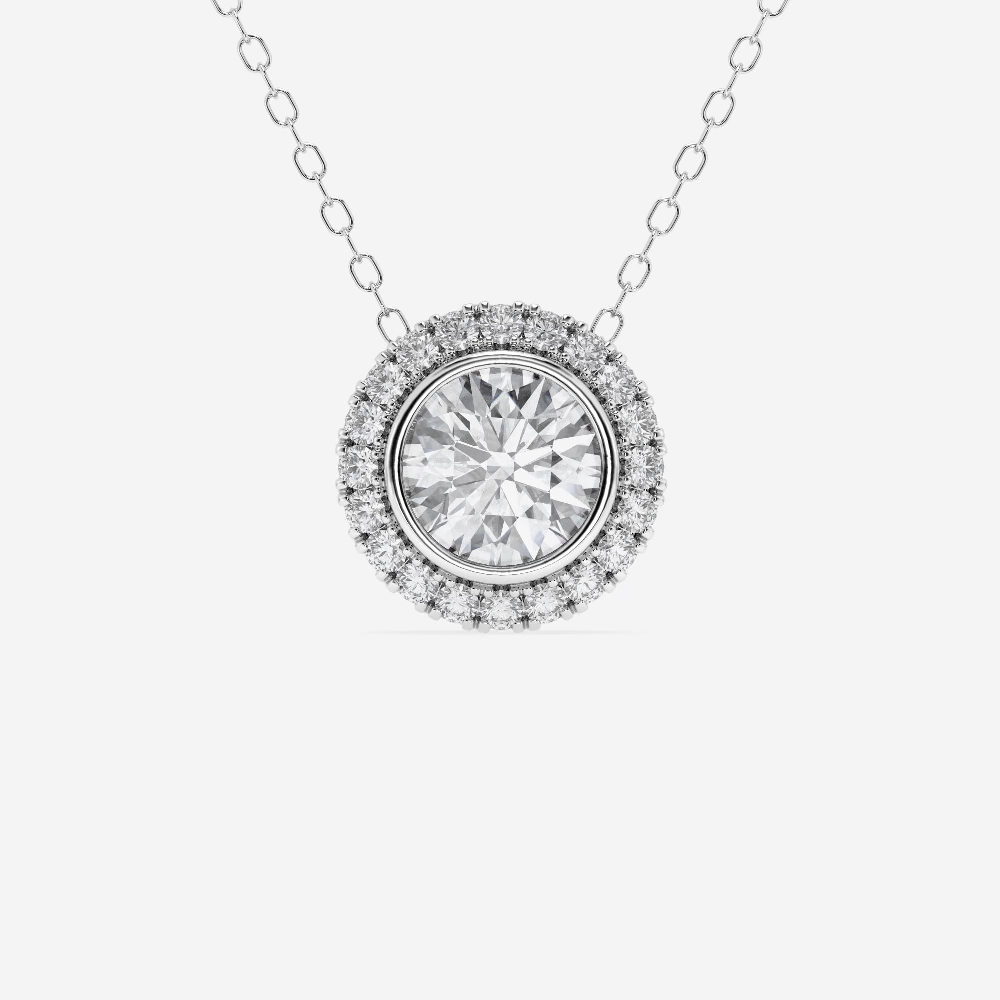 product video for 1 1/5 ctw Round Lab Grown Diamond Bezel Set Halo Pendant with Adjustable Chain