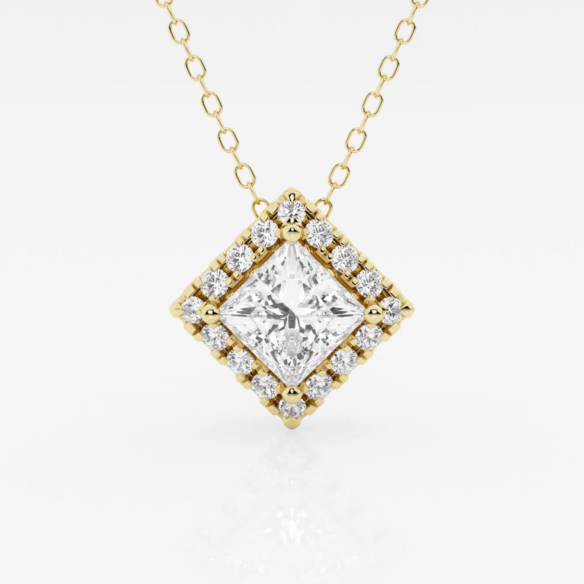 product video for 1 1/5 ctw Princess Lab Grown Diamond Halo Pendant with Adjustable Chain