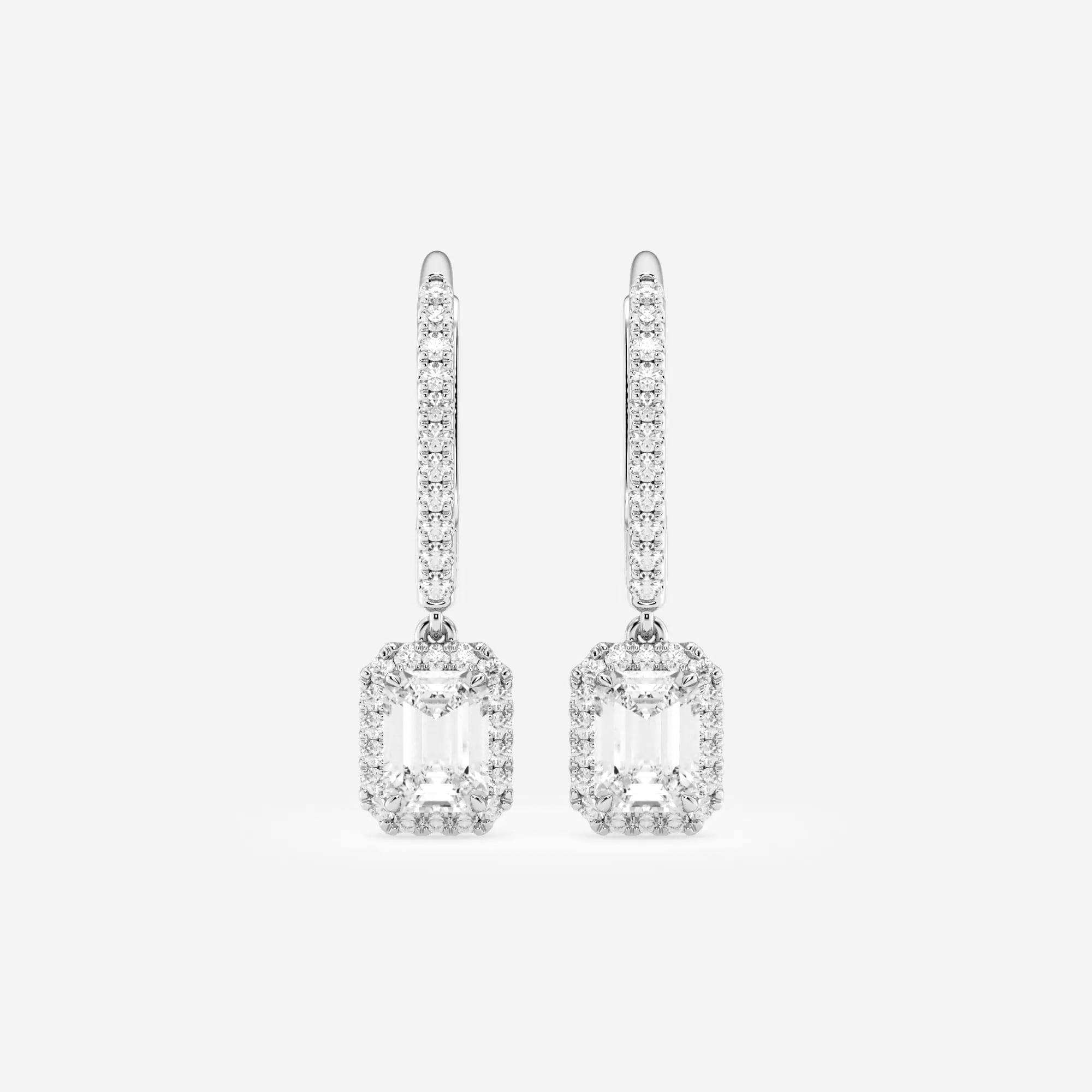 product video for 1 1/4 ctw Emerald Lab Grown Diamond Halo Drop Earrings