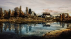 house, barn, pond