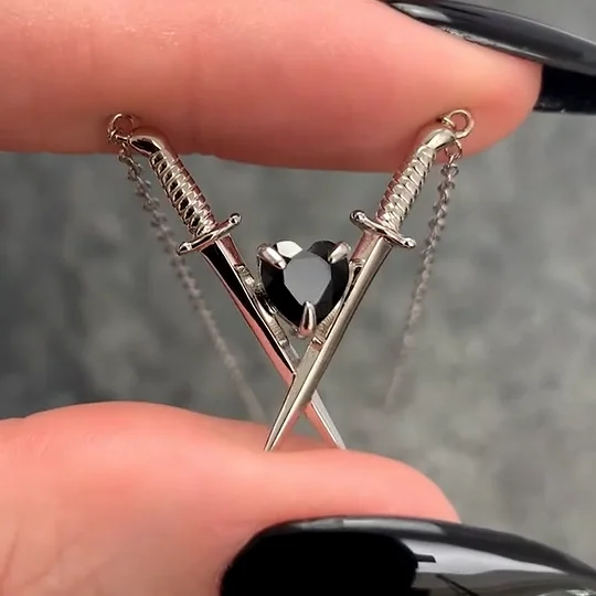 ABJURE. Crossed Swords & Onyx Heart Necklace - Silver