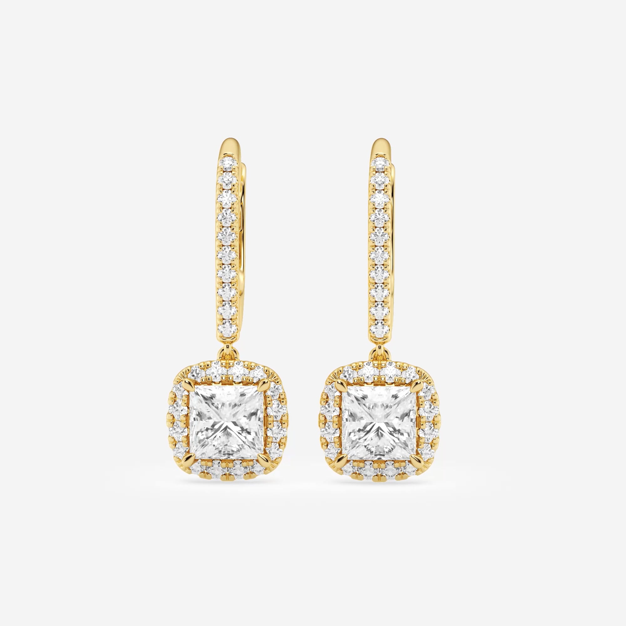 product video for 1 7/8 ctw Princess Lab Grown Diamond Halo Drop Earrings