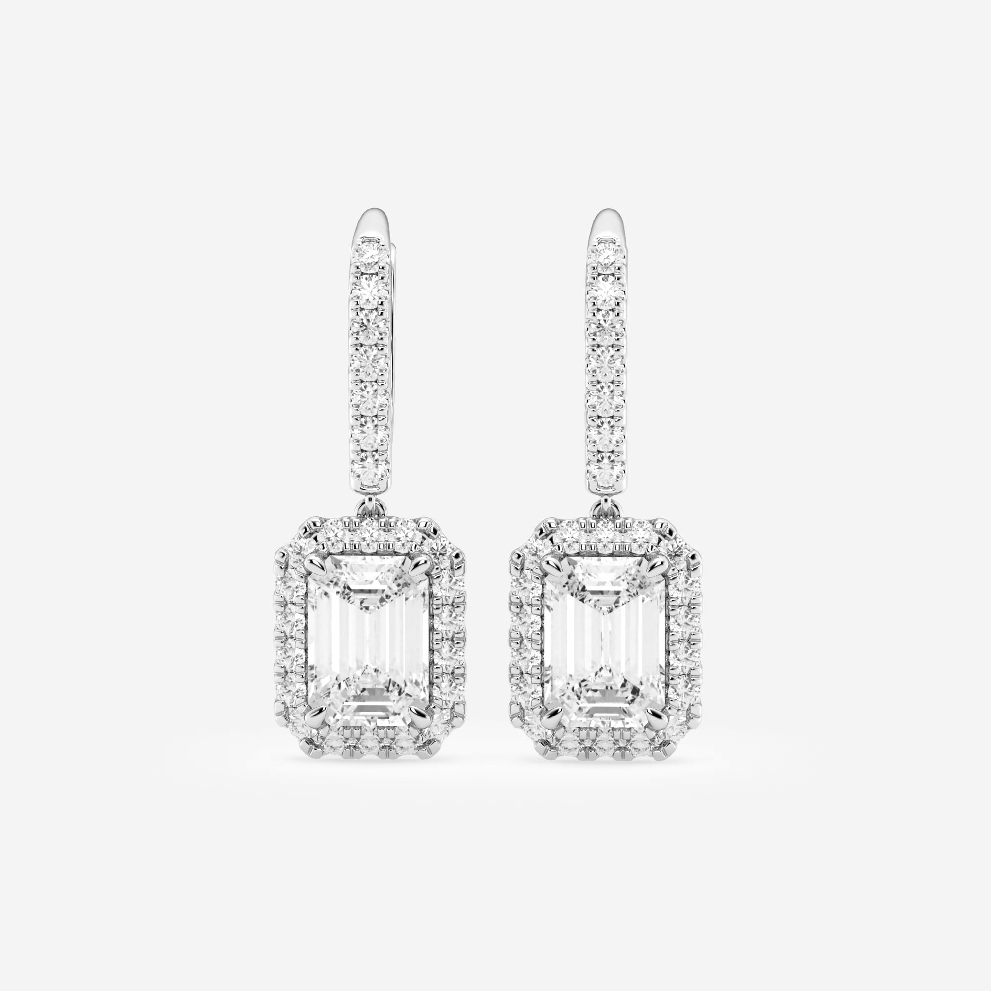 product video for 4 3/4 ctw Emerald Lab Grown Diamond Halo Drop Earrings