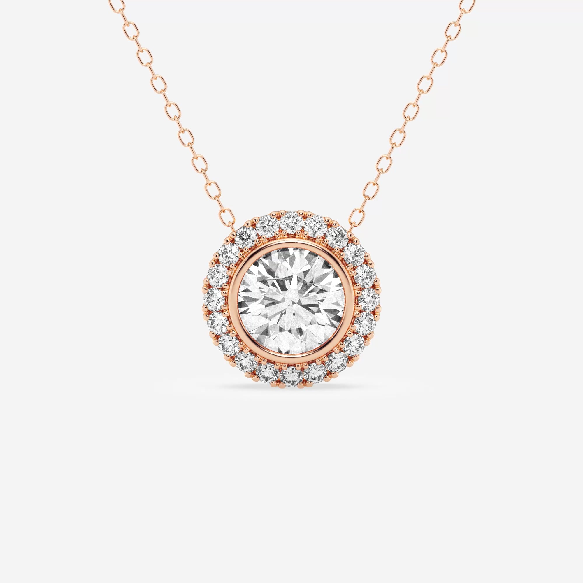 product video for 1 3/4 ctw Round Lab Grown Diamond Bezel Set Halo Pendant with Adjustable Chain