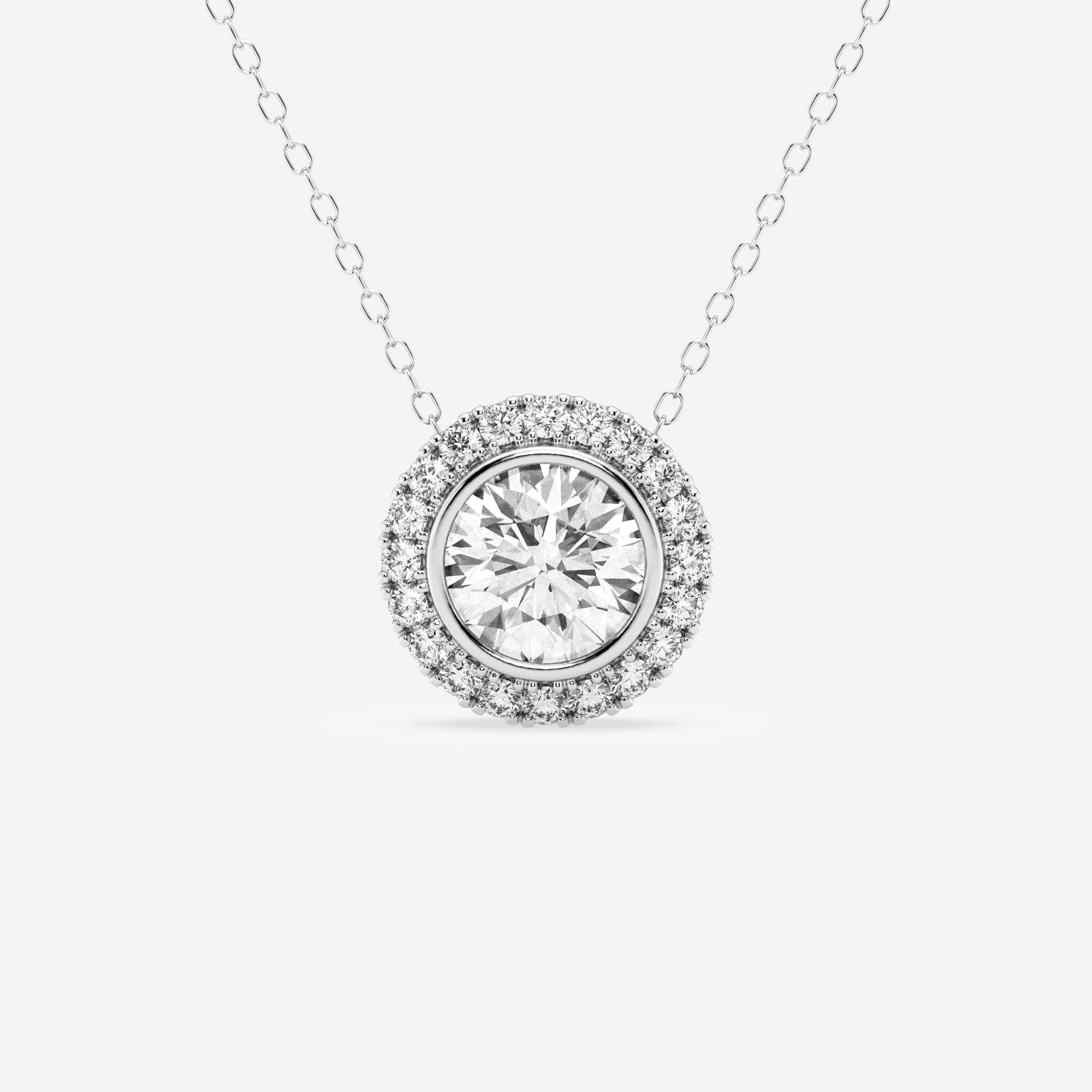 product video for 1 3/4 ctw Round Lab Grown Diamond Bezel Set Halo Pendant with Adjustable Chain