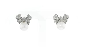 8.5-9 mm Cultured Pearl and .10 ct. t.w. Diamond Bow Earrings in Sterling Silver