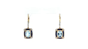 2.40 ct. t.w. Aquamarine and 1.50 ct. t.w. Sapphire Drop Earrings with .11 ct. t.w. Diamonds in 14kt Yellow Gold