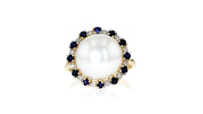 12.5-13mm Cultured Button Pearl and .60 ct. t.w. Sapphire Ring With Diamond Accents in 14kt Yellow Gold