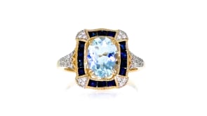 1.50 Carat Aquamarine and .70 ct. t.w. Sapphire Ring with .12 ct. t.w. Diamonds in 14kt Yellow Gold