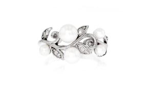 3-5.5mm Cultured Pearl Leaf Ring with Diamond Accents in Sterling Silver