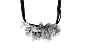 Sterling Silver Over Resin Starfish and Seashells Necklace with Black Leather