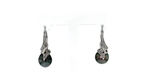 9-9.5mm Black Cultured Tahitian Pearl Drop Earrings with Diamond Accents in Sterling Silver