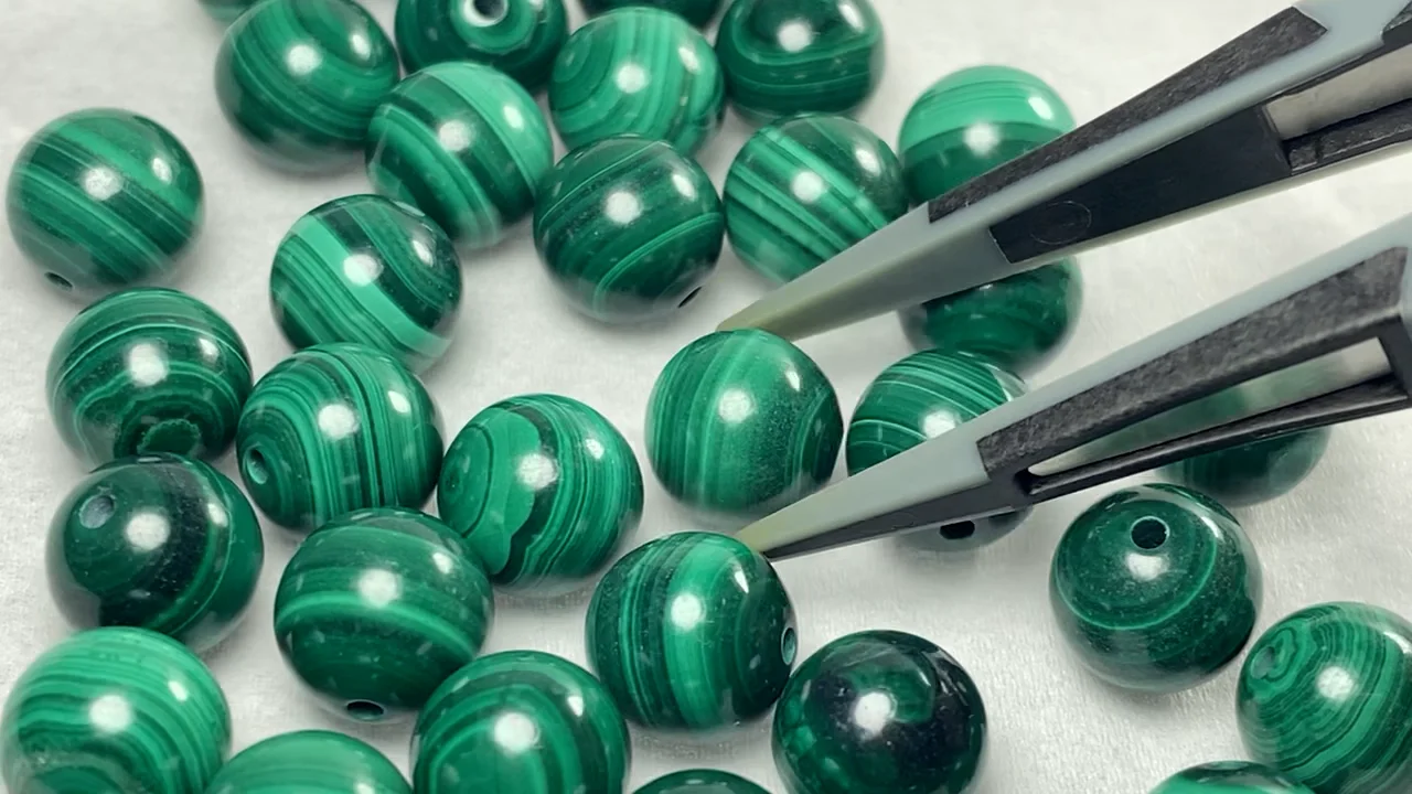 マラカイト 片穴ラウンド8mm 10粒｜天然石ビーズの卸問屋・通販