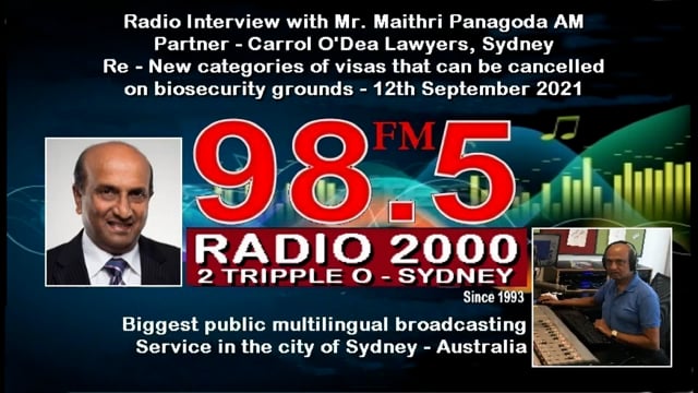 Radio Interview on 2TripleO Radio - Sydney regarding  categories of visas that can be cancelled on biosecurity grounds.