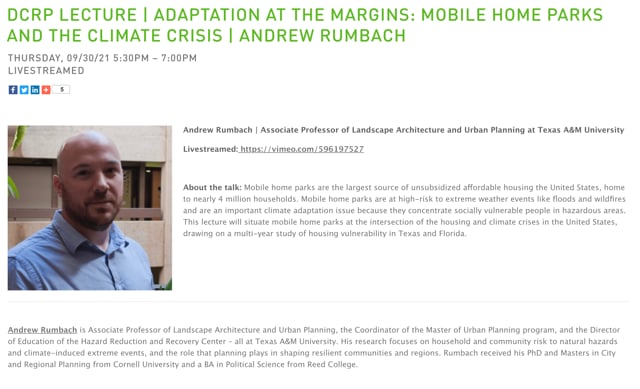 DCRP Lecture: Adaptation at the Margins: Mobile Home Parks and the Climate Crisis