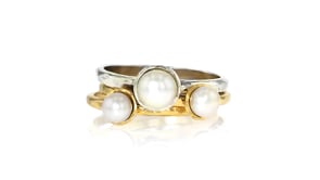 4-6mm Cultured Pearl Jewelry Set Three Rings in Sterling Silver and 18kt Gold Over Sterling