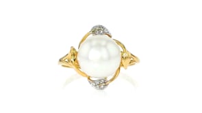 10-10.5mm Cultured Pearl Leaf Ring with Diamond Accents in 14kt Yellow Gold