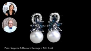9-9.5mm Cultured Pearl, 1.66 ct. t.w. Sapphire and .13 ct. t.w. Diamond Flower Drop Earrings in 14kt White Gold