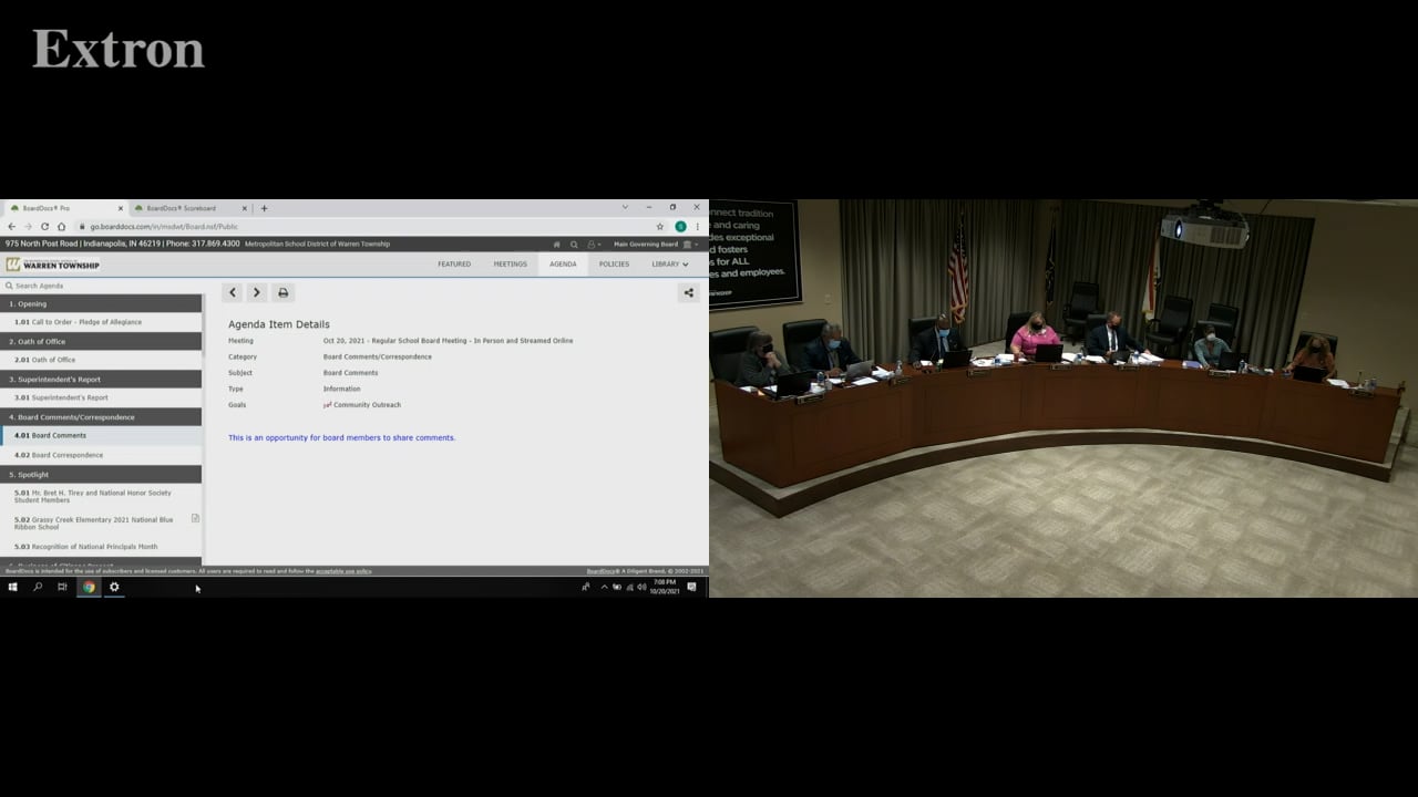 October 20, 2021 MSD of Warren Township School Board Regular Meeting on