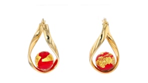 Italian Red Murano Glass Bead Curved Hoop Earrings in 18kt Gold Over Sterling