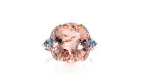 6.00 Carat Morganite, .30 ct. t.w. Aquamarine and .13 ct. t.w. Diamond Ring in 14kt Rose Gold