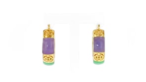Multicolored Jade Chinese Symbol Hoop Earrings in 18kt Gold Over Sterling