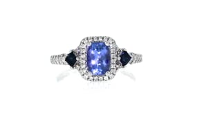 1.00 Carat Tanzanite, .20 ct. t.w. Sapphire and .17 ct. t.w. Diamond Ring in 14kt White Gold