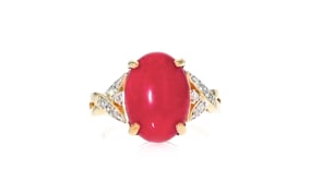 Red Coral and .15 ct. t.w. Diamond Ring in 18kt Yellow Gold