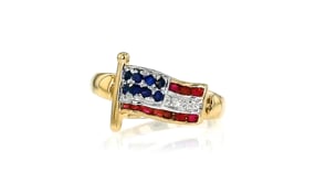 20 ct. t.w. Ruby and .10 ct. t.w. Sapphire Flag Ring with Diamond Accents in 18kt Gold Over Sterling
