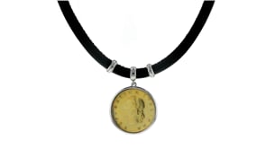 Italian Genuine 20-Lira Coin Charm and Black Leather Bracelet with Sterling Silver