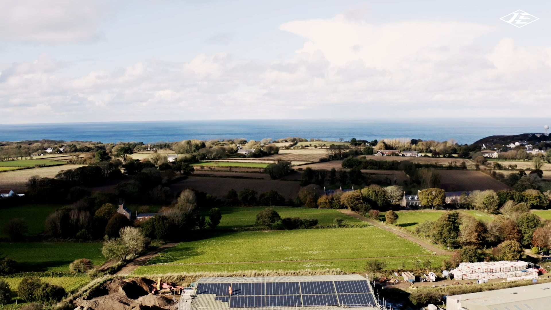 An aerial view of the solar array on top of the carports at the Powerhouse.