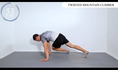 Twisted Mountain Climber, Plank with Feed on Box, High Plank with Feed on Box, Plank with Knee Tap, Glute Bridge March