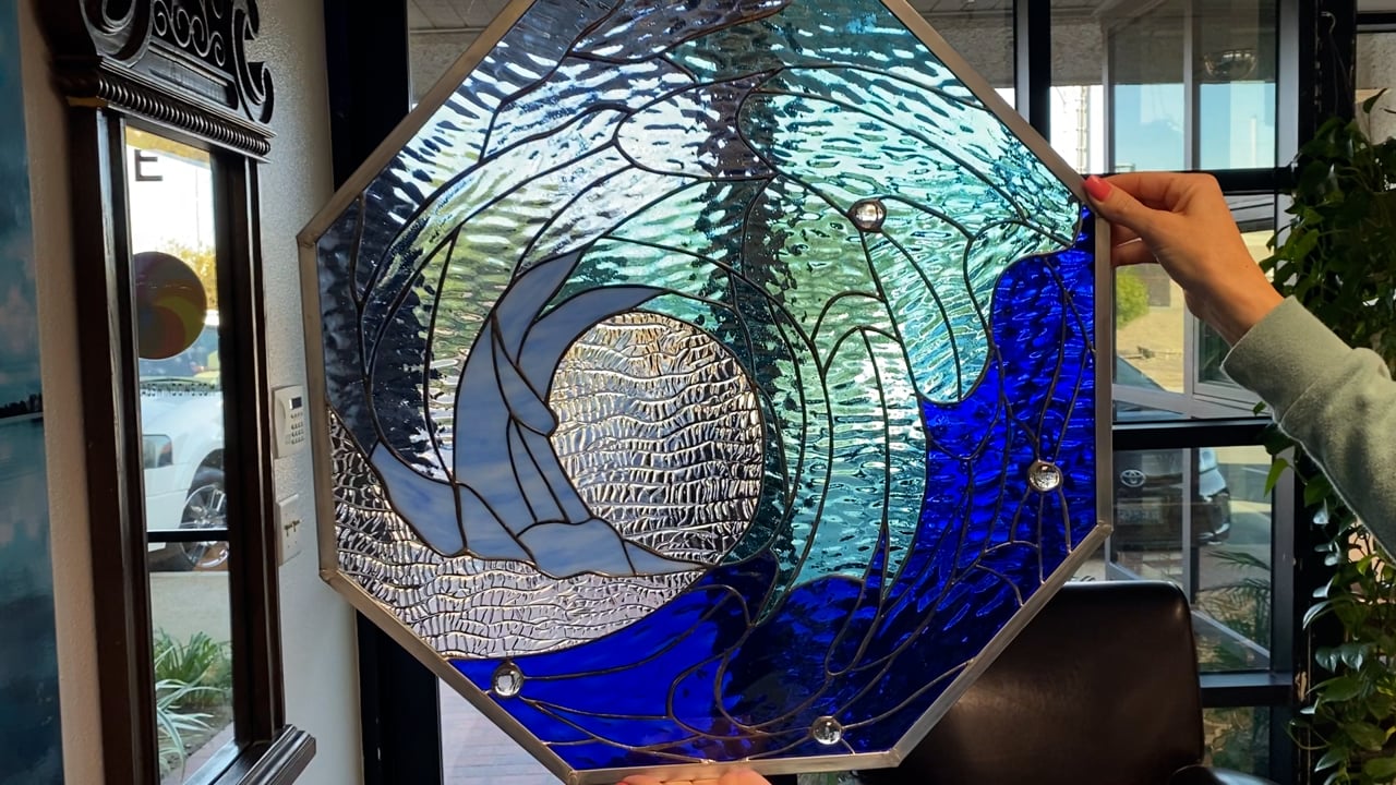 Octagonal Shaped Cresting Wave Stained Glass Window Panel