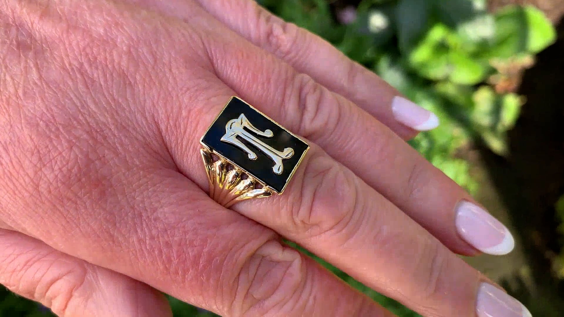 Vintage Gold and Onyx Big T Initial Ring, Circa 1963 at