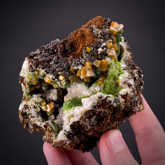 Wulfenite with green Mimetite on Calcite