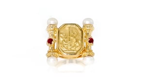 Italian Tagliamonte 5-5.5mm Cultured Pearl and .40 ct. t.w. Ruby Cameo-Style Ring in 18kt Gold Over Sterling