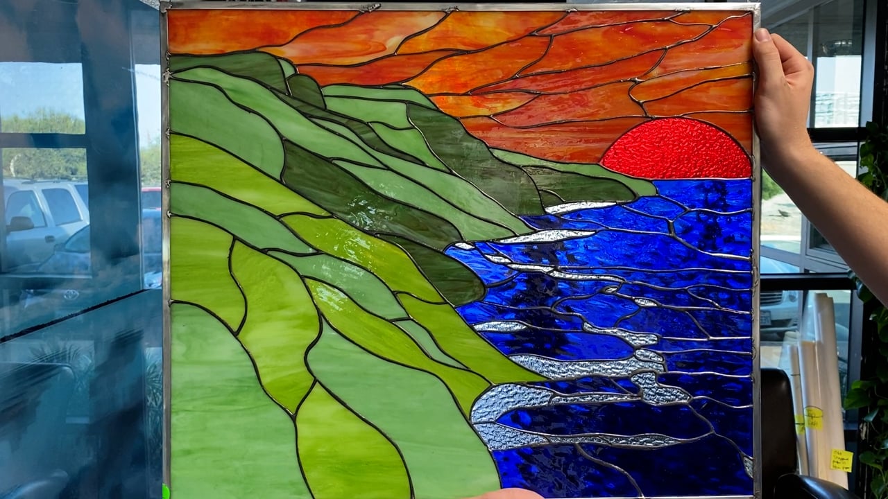 All original! Hawaiian Coastline & Sunset Leaded Stained Glass